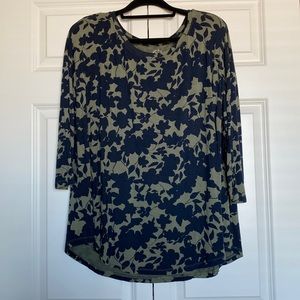 Maurices Size 2 Olive Shirt with Navy Blue Flower Sillouette